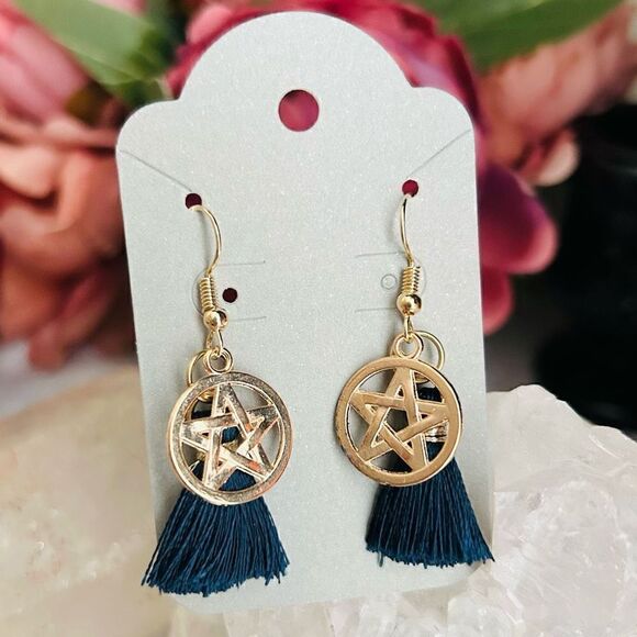 Yellow Gold Pentagram Midnight Blue Tassel Dangle Earrings - Picture 1 of 5